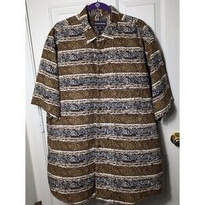 Lawton Harbor Hawaiian Shirt Mens 2XL Brown Navy Cotton S/S Button Up Retro